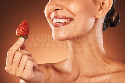 Buy stock photo Strawberry, skincare and studio woman for beauty, cosmetics and lipstick color promotion, advertising or marketing. Smile, teeth and health model with fruit for vegan dermatology benefits or results