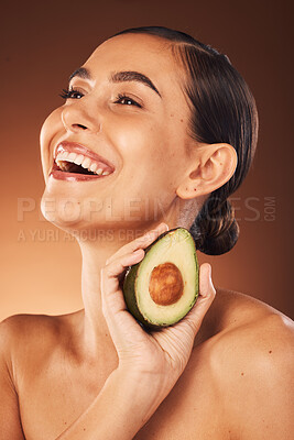 Buy stock photo Beauty, woman skincare and healthy avocado eating for body wellness. health and nutrition. Happy model with skin glow from diet, vitamin a and fiber food smile about natural dermatology ingredient