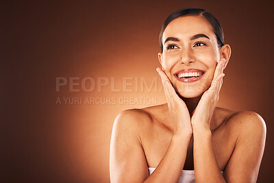 Buy stock photo Skincare, beauty and woman with smile on face, luxury care for smooth clean and fresh skin in mockup or product placement. Happiness, health and wellness, portrait of beautiful model girl from Brazil