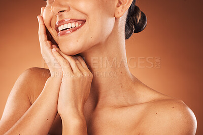 Buy stock photo Wellness, skincare and teeth health of woman with veneers, self care and dental treatment satisfaction. Healthy smile and hygiene of cosmetic model girl with clean skin on brown studio background.