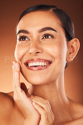 Buy stock photo Skincare, beauty and face of model in studio with lipstick or lip gloss on mouth after grooming with cosmetics product. Smile, girl or happy woman with self love or facial makeup in self care routine