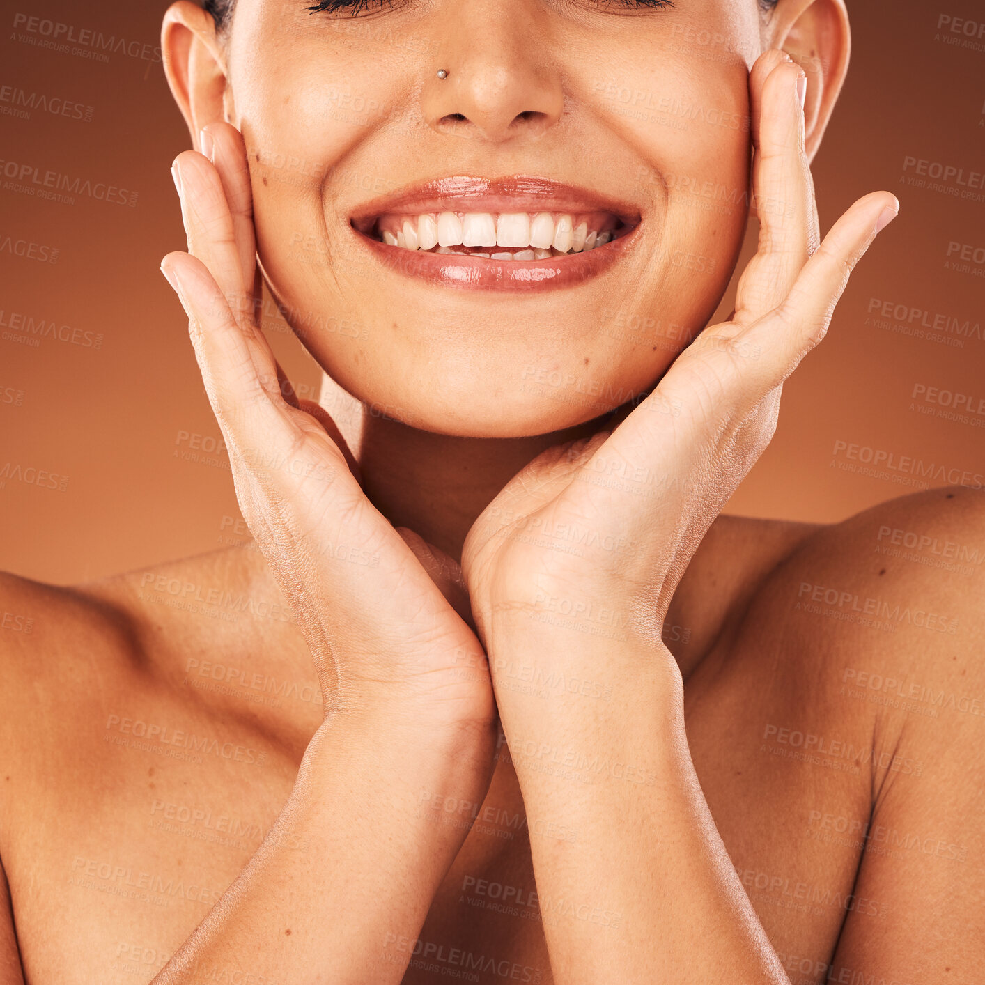Buy stock photo Beauty, skincare and smile with a model woman in studio on a brown background for natural treatment. Dental, health and teeth with a happy young female showing her mouth to promote skin care