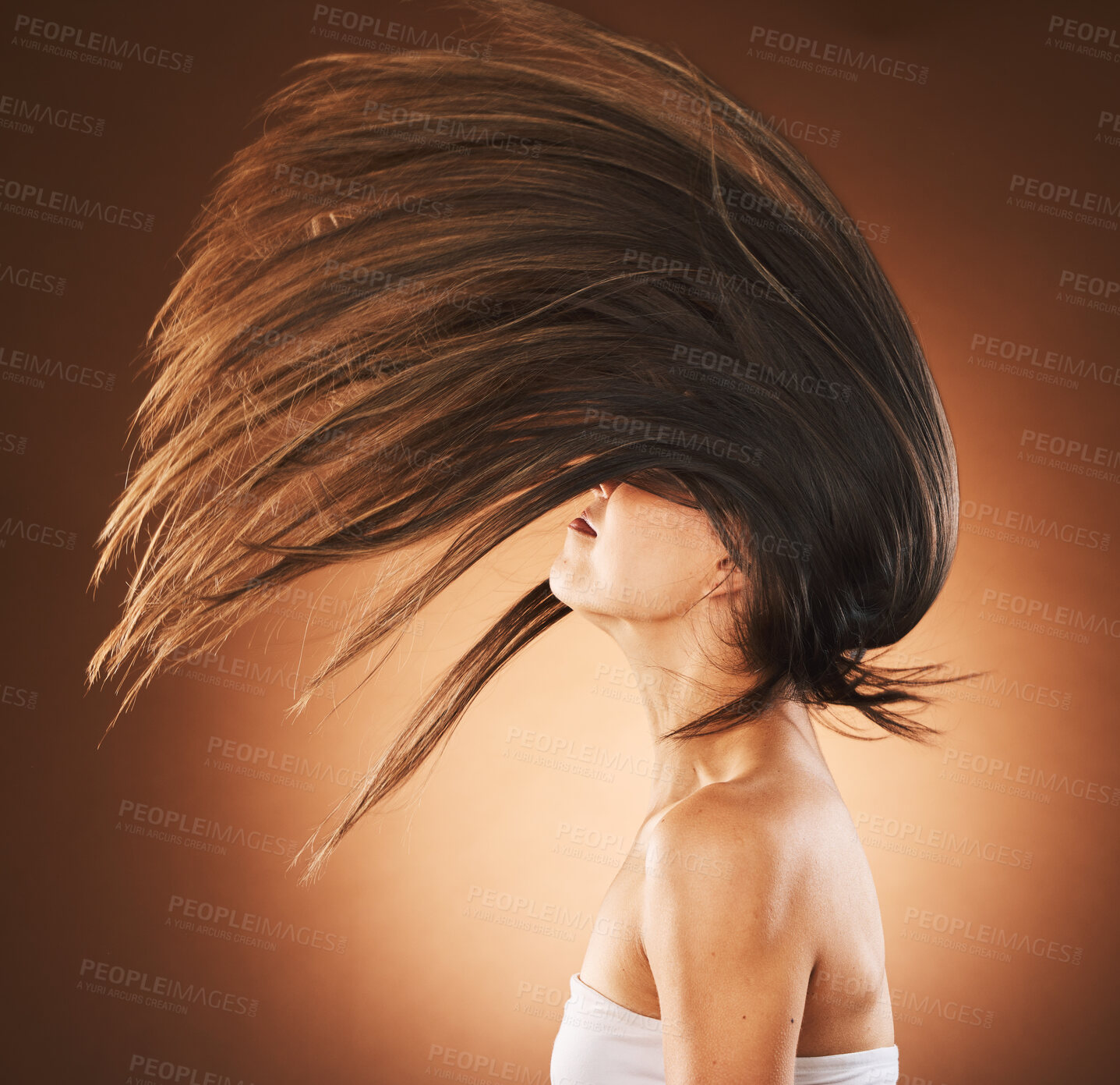 Buy stock photo Beauty, hair care and flip profile with a model on gradient background for cosmetics, transformation and shampoo for growth and shine. Model in studio for freedom, beauty salon and hairdresser 