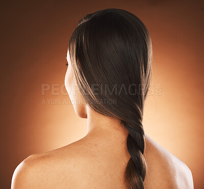 Buy stock photo Back view, hair braid and studio woman, beauty salon and cosmetics for hair style, hairdresser and brunette color dye. Hair care, fashion and plait hairstyle of girl model, texture and healthy shine 