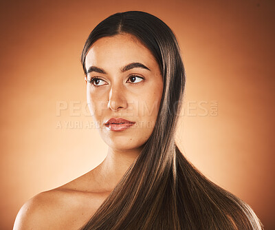 Buy stock photo Woman skincare, beauty and  hair care with face, makeup or cosmetic advertising in brown studio background. Shampoo product, marketing or headshot of model, self care and facial cosmetics or wellness
