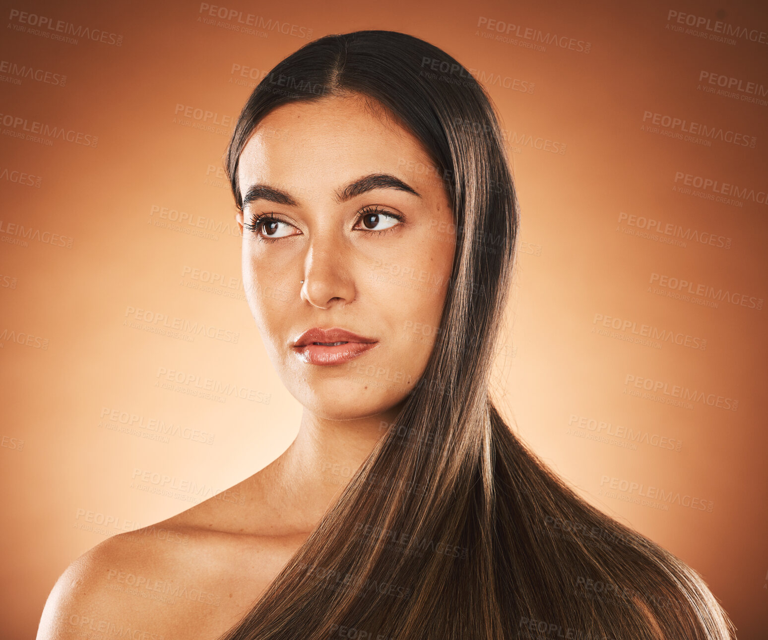 Buy stock photo Woman skincare, beauty and  hair care with face, makeup or cosmetic advertising in brown studio background. Shampoo product, marketing or headshot of model, self care and facial cosmetics or wellness