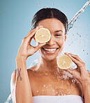Lemon, portrait and skincare black woman in studio water splash for cosmetics, makeup or facial cleaning product. Skin care, vitamin c and healthy model face with fruit for dermatology on blue mockup