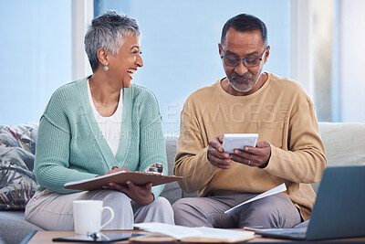 Buy stock photo Budget, planning and senior couple on sofa paying debt, mortgage or bills together at home. Happy elderly man and woman with laptop, calculator and checklist to plan retirement, pension and savings.