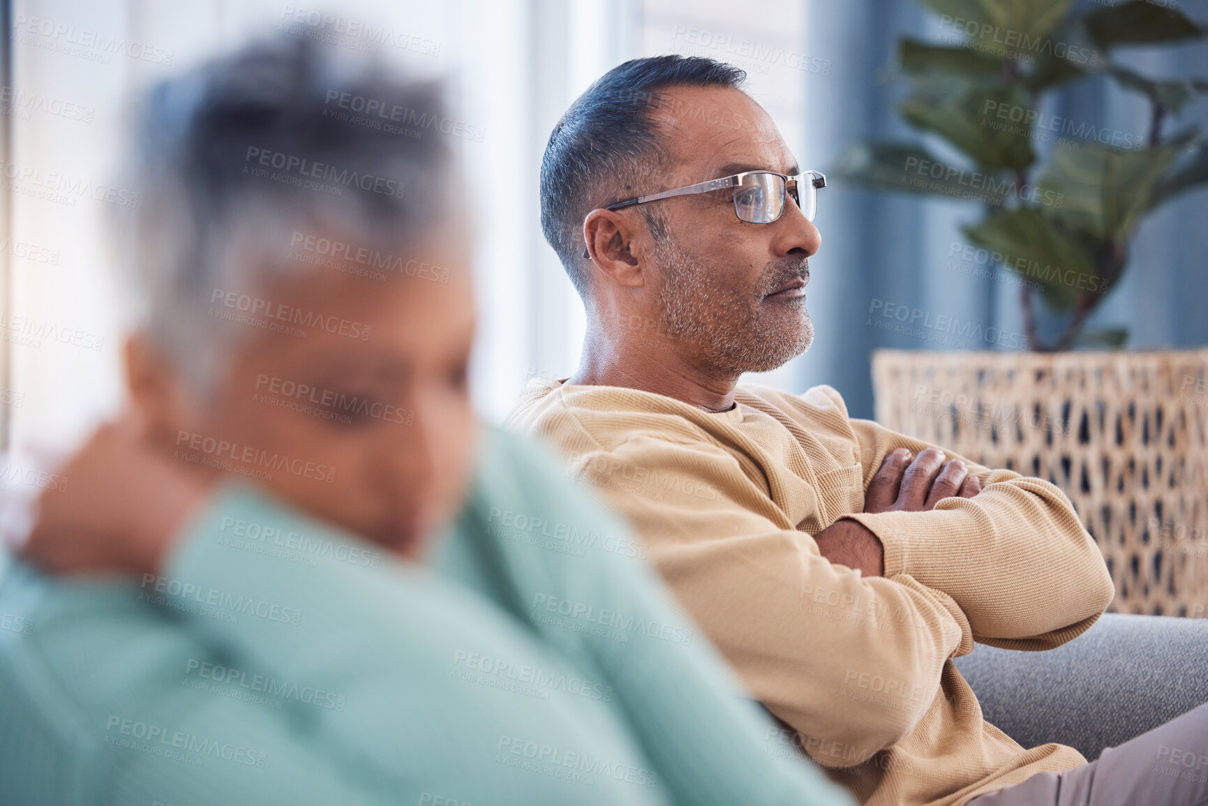 Buy stock photo Marriage problem, divorce and couple angry after fight, senior man with anger and woman sad with relationship crisis. Frustrated with difficult communication, partnership breakdown and stress at home