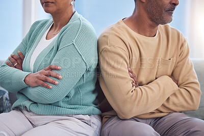 Buy stock photo Mature couple, arms crossed or divorce fight on sofa in house or home living room in cheating affair, infidelity or mental health. Angry, annoyed or grumpy man and woman in marriage burnout or stress