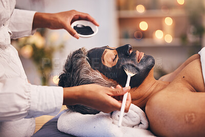 Buy stock photo Spa facial, relax and woman with a therapist, luxury skincare and detox at a salon. Skin wellness, face cosmetics and person at a hotel for charcoal mask, body cleaning and healthy natural beauty