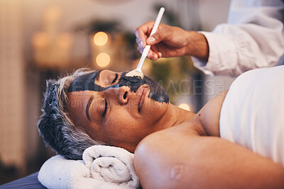 Buy stock photo Facial, relax and mask with a woman in spa, lying on a massage table or bed for skincare treatment. Peace, sleeping and wellness with a senior female customer in a health center for luxury care