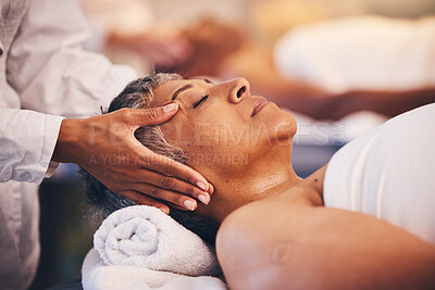 Buy stock photo Face massage, relax and senior woman, spa wellness and sleeping during cosmetic therapy. Luxury hands, calm and masseuse with an elderly person at a hotel salon for care of body and sleep health