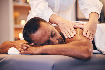 Buy stock photo Spa, back massage and hands of therapist with oil for physical therapy, health and wellness on table. Patient man on table to relax, peace and luxury zen treatment at a beauty salon for stress relief