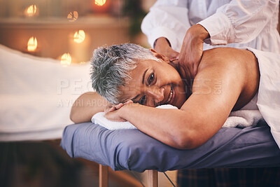 Buy stock photo Spa, massage and senior woman on table with hands of therapist on back for happiness, health and wellness. Luxury, hospitality and body care for customer in retirement with physical therapy for peace