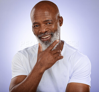 Buy stock photo Studio portrait of happy senior black man with smile, confident face and standing on studio background. Fashion, retirement and profile picture of trendy old man from Nigeria, male model from Africa.