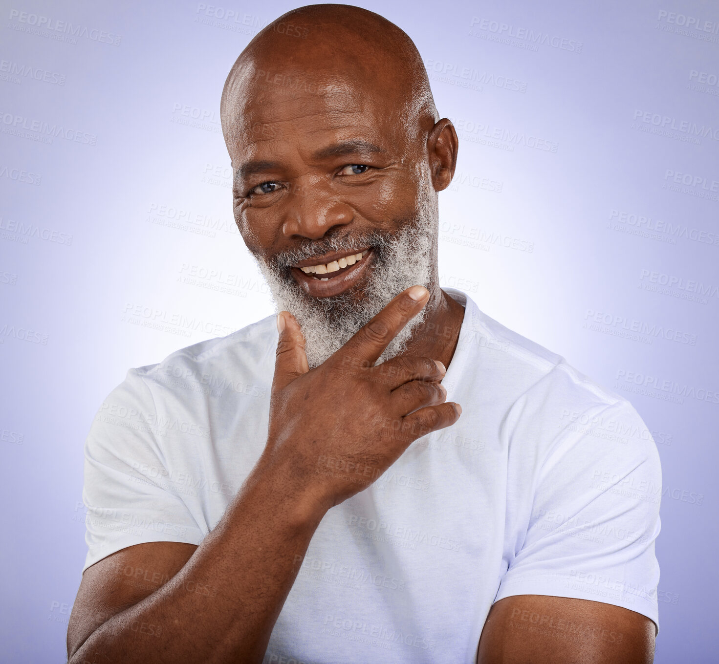 Buy stock photo Studio portrait of happy senior black man with smile, confident face and standing on studio background. Fashion, retirement and profile picture of trendy old man from Nigeria, male model from Africa.