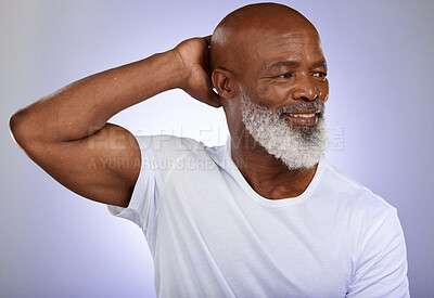 Buy stock photo Fresh, face and happy with a senior black man in studio on a purple background for skincare or hygiene. Beauty, fashion and 