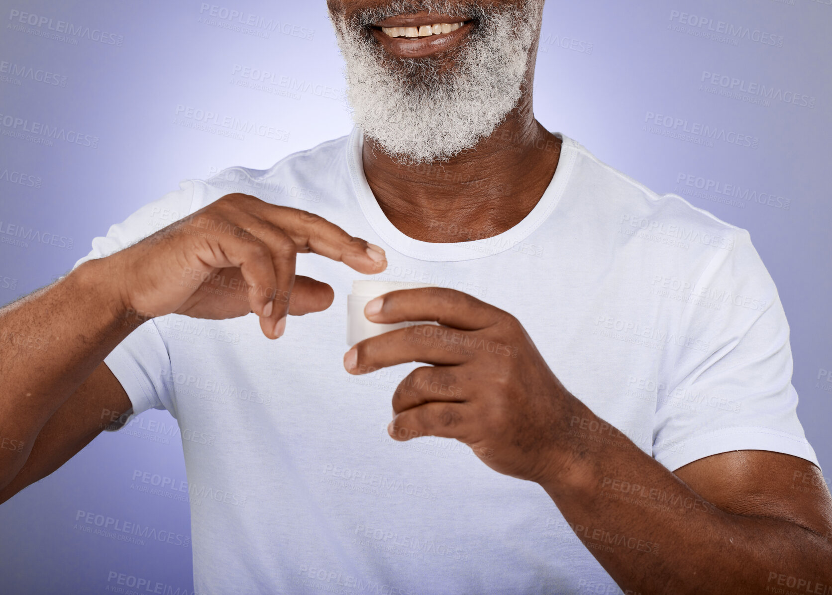 Buy stock photo Hands, man and beauty cream for skin, anti aging and wrinkles or health and wellness on a grey studio background. African american male, moisturizer or lotion for cosmetic and dermatology grooming 