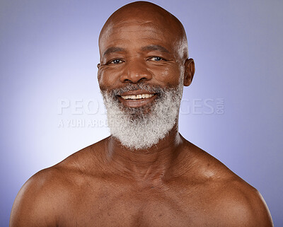 Buy stock photo Skincare, happy and portrait of senior black man with satisfied smile for natural cosmetic wellness. Aesthetic, self care and dermatology of mature body care model on purple studio background.