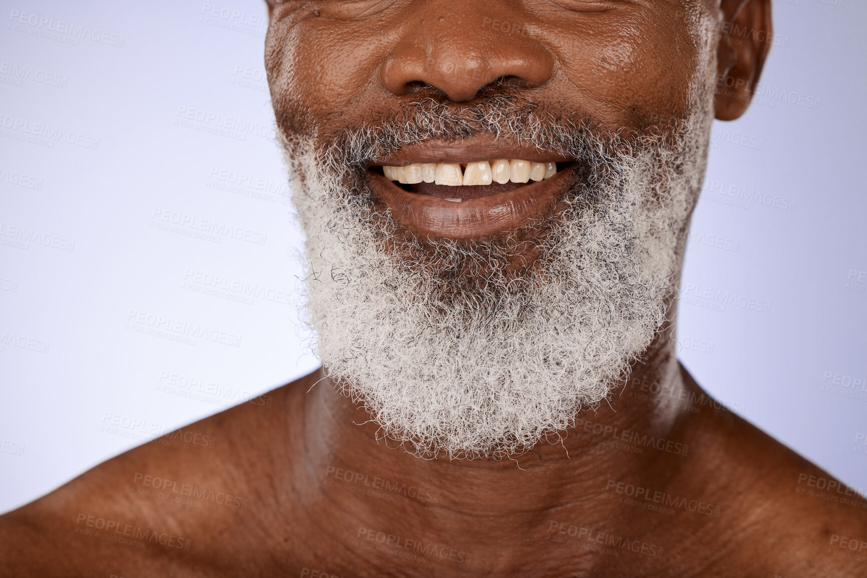 Buy stock photo Zoom, dental or teeth of a black man with smile after dentist appointment for teeth whitening or cleaning in studio. Tooth, mockup or happy elderly person with mouth or oral hygiene smiles with pride