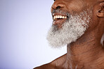 Face, beard and senior black man in studio isolated on a purple background mockup. Dental, white teeth and happy elderly male model in retirement with good oral hygiene, healthy facial hair and smile