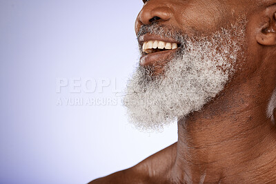 Buy stock photo Face, beard and senior black man in studio isolated on a purple background mockup. Dental, white teeth and happy elderly male model in retirement with good oral hygiene, healthy facial hair and smile