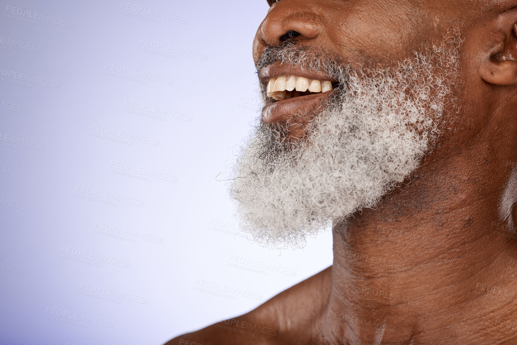 Buy stock photo Face, beard and senior black man in studio isolated on a purple background mockup. Dental, white teeth and happy elderly male model in retirement with good oral hygiene, healthy facial hair and smile