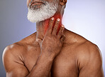 Black man, mature and sore neck pain on studio background with abstract red glow and 3d special effects. Zoom, middle aged model and hands on injury, body stress crisis and muscle burnout on mock up