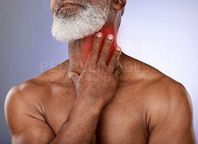 Buy stock photo Black man, mature and sore neck pain on studio background with abstract red glow and 3d special effects. Zoom, middle aged model and hands on injury, body stress crisis and muscle burnout on mock up