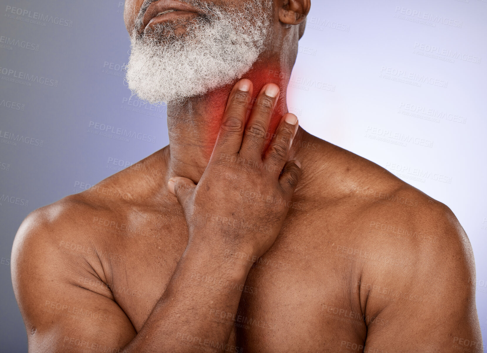 Buy stock photo Black man, mature and sore neck pain on studio background with abstract red glow and 3d special effects. Zoom, middle aged model and hands on injury, body stress crisis and muscle burnout on mock up