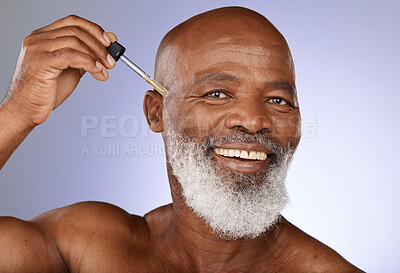 Buy stock photo Skincare, oil and portrait of senior man in studio for healthy skin, wellness and facial grooming. Dermatology, spa and elderly black man with serum, skincare products and liquid for face treatment