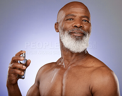 Buy stock photo Black man, beauty and perfume with cosmetic and clean, hygiene portrait with skin, senior model with parfum product and cologne. Fragrance, scent and grooming with cosmetics  with purple background.