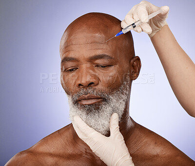 Face, senior black man and botox injection in studio isolated on a purple background. Retirement, plastic surgery or elderly male model with cosmetics, prp or filler for skincare, beauty and wellness