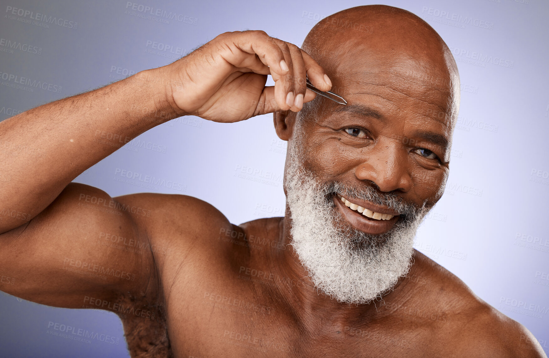 Buy stock photo Tweezer, man and beauty portrait of senior male remove eyebrow hair on a grey studio background. Face, african American male and haircare with tweeze epilation or hair removal on a studio backdrop