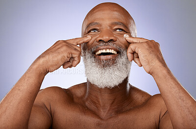 Buy stock photo Skincare cream, senior beauty and black man thinking sunscreen, dermatology and face glow on a purple background in studio. Spa idea, moisturiser smile and elderly model with lotion for facial health