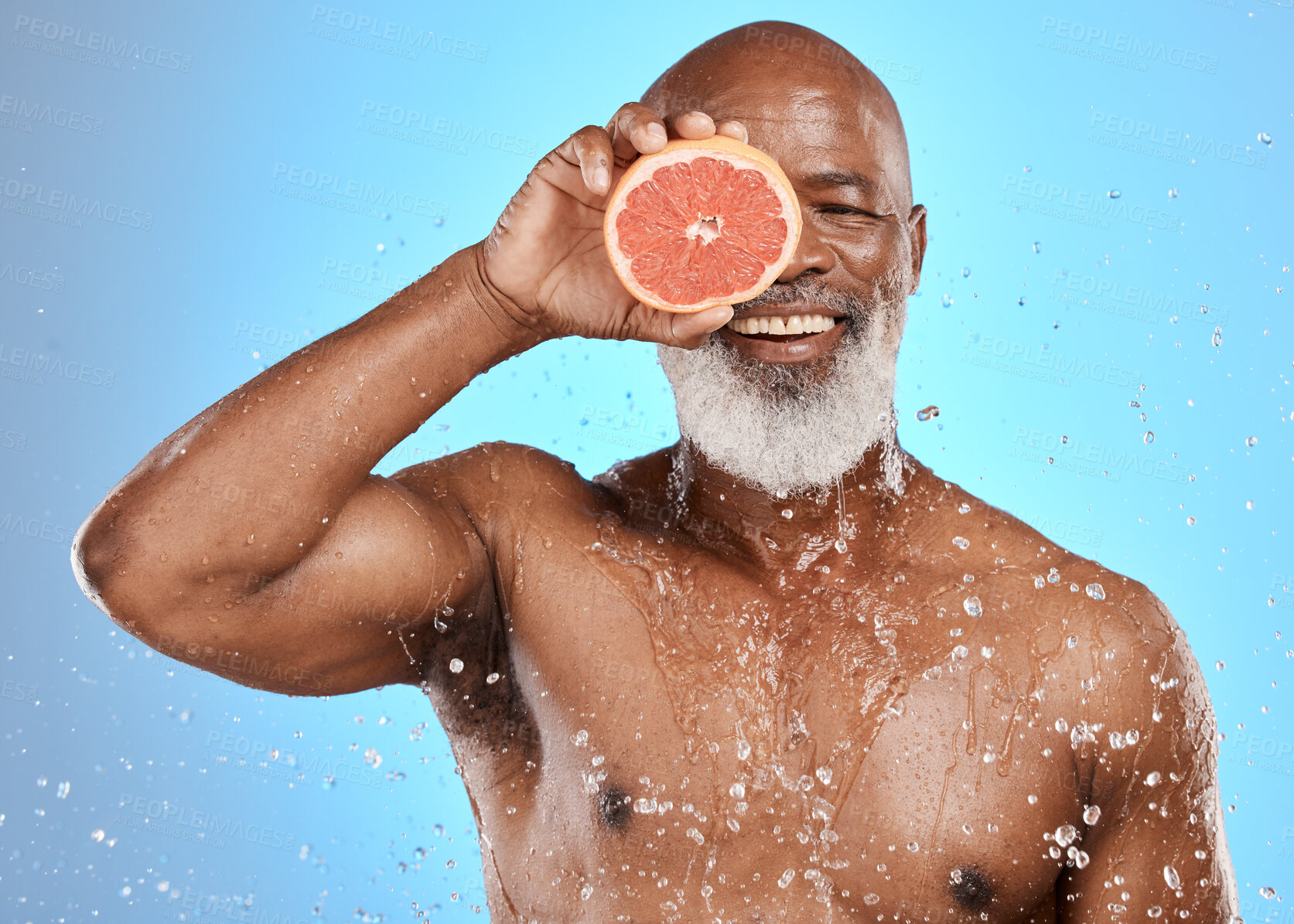 Buy stock photo Beauty, water splash or senior black man with grapefruit for body care, healthcare or skincare health. Happy face, smile or facial portrait of elderly male cleaning, shower or healthy skin wellness