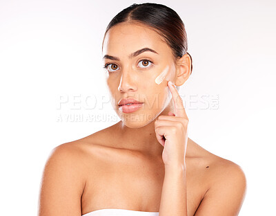 Buy stock photo Woman portrait, sunscreen and face in studio, skincare cream product for natural uv protection and cosmetic wellness. Advertising for beauty facial, cream girl and   dermatology spf in mockup studio
