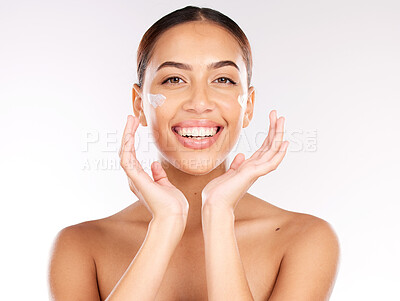 Buy stock photo Skincare, beauty cream and face of woman with lotion for hydration, glow and healthy skin on studio background with a smile. Portrait of aesthetic model happy about cosmetics, makeup and dermatology