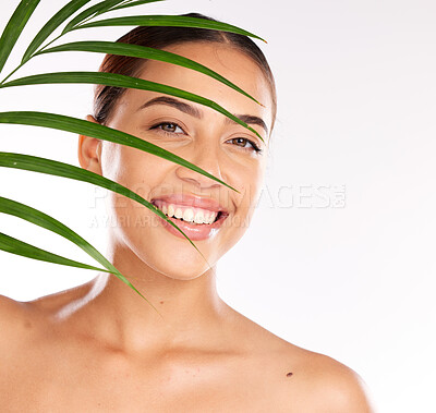 Buy stock photo Leaf, skincare and natural cosmetic beauty of a woman portrait happy about sustainability cosmetics. Makeup, organic and plant based skin wellness from eco, green and eco friendly dermatology 