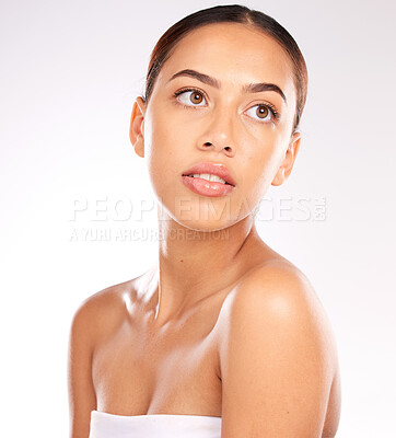 Buy stock photo Skincare, makeup and young woman with natural beauty, confident and health with grey studio background. Cosmetics, Latino female or healthy girl with wellness, smooth or clear skin for organic facial