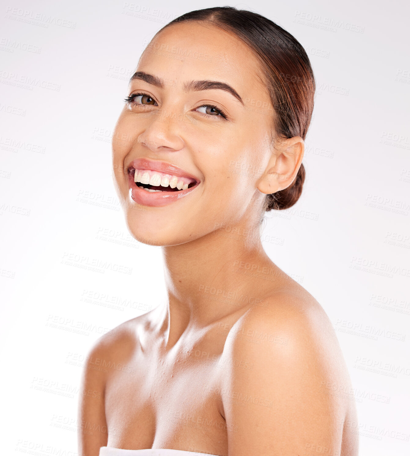 Buy stock photo Skincare, beauty and portrait of woman with smile on face, luxury care for smooth, clean and fresh skin. Happiness, health and wellness, happy woman or model girl from Mexico on studio background.