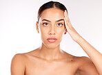 Woman, beauty and cosmetics for skincare facial, makeup or treatment against a studio background. Portrait of beautiful female model in cosmetic care, focus and vision for perfect skin on mockup