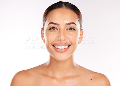 Buy stock photo Portrait, beauty and woman in studio for skincare, wellness and luxury pamper against white background. Face, girl and model happy, smile and excited by facial, product and skin, results and grooming