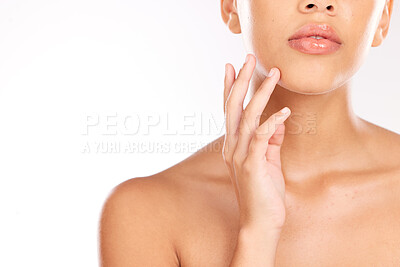 Buy stock photo Woman, mouth and face skincare for cosmetics beauty, healthy natural glow and dermatology health mockup close up on white studio background. Wellness model, organic facial spa and clean skin hygiene 