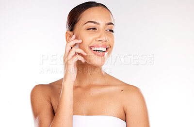 Buy stock photo Woman, beauty and smile for skincare, facial or luxury treatment against a gradient studio background. Happy female model smiling and touching face for cosmetic care in soft perfect skin on mockup