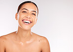 Beauty, wellness and portrait of woman with skincare treatment for health, self care and hygiene. Cosmetics, face and model with a natural skin routine by a white studio background with mockup space.
