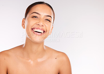 Buy stock photo Beauty, wellness and portrait of woman with skincare treatment for health, self care and hygiene. Cosmetics, face and model with a natural skin routine by a white studio background with mockup space.