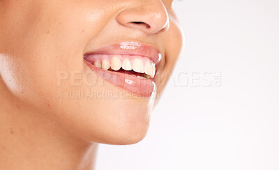 Buy stock photo Teeth, dental and care for mouth with woman and smile, healthy gums and fresh breath with teeth whitening, lips against studio background. Beauty, face and skincare, dental care with wellness mock up