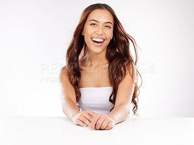 Buy stock photo Woman, face skincare and hair style on studio background in keratin treatment marketing, growth success and healthcare wellness. Portrait, smile and happy beauty model with brunette color on mock up